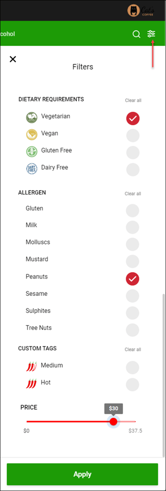 menu filtering