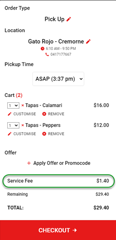 service fee in cart