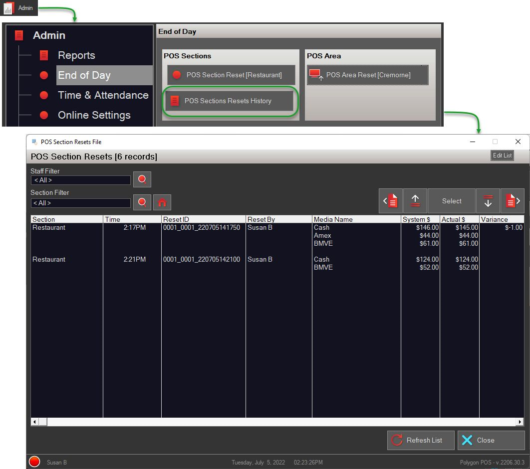 pos section reset history